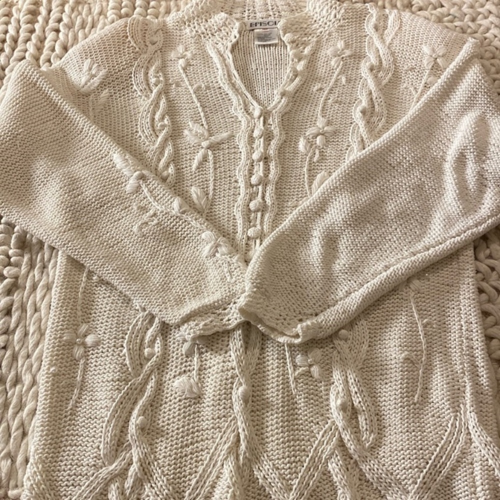 Vintage Cotton Pearl Knit Long White Sweater